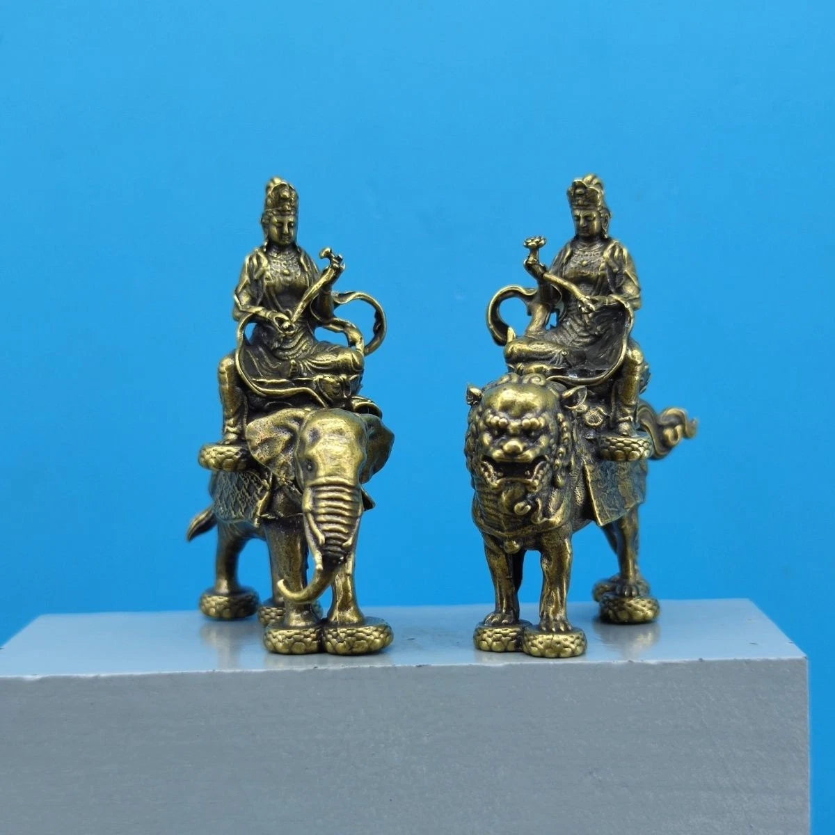 A Pair 2.3"Brass Manjusri Samantabhadra Bodhisattva Buddhism Statue Ornament 07FC0E-D4 - KOEEK
