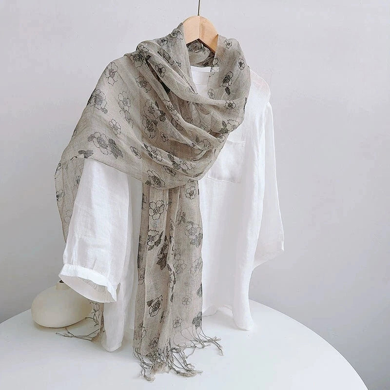 Womens  Flax Linen Floral Scarf  Soft Breathable Elegant Stole Neckerchief 07FC0E-D4 - KOEEK