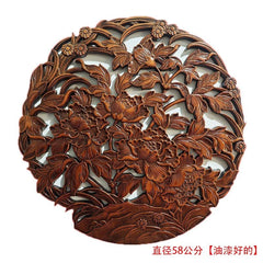 Round Peony Wood Carving Wall Hanging Camphor Wood Hollow 28cm Home Decor 07FC0E-D4 - KOEEK