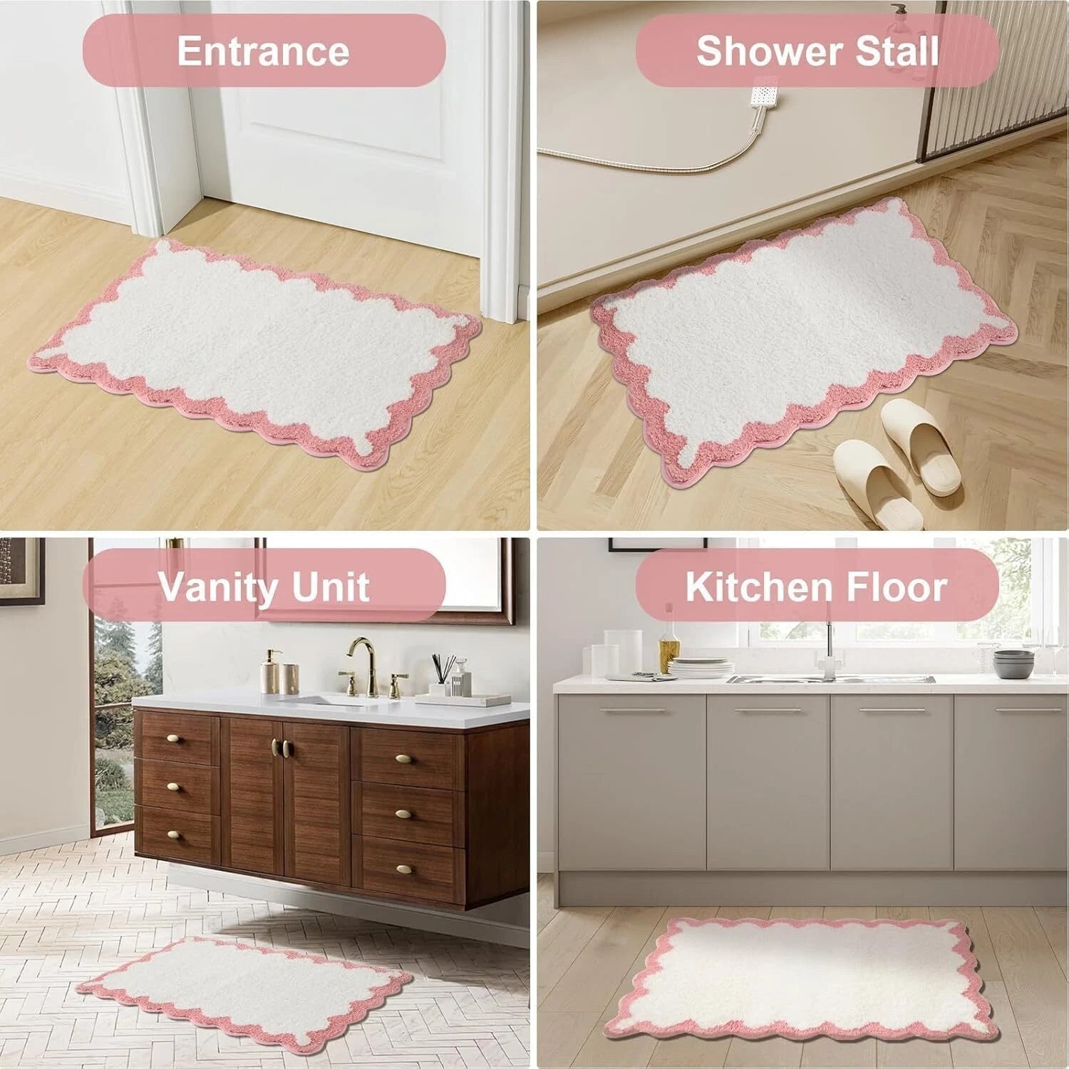 Scalloped Pink Bathroom Rugs Non Slip Washable, Quick Dry Absorbent Soft Plush 07FC0E-D4 - KOEEK
