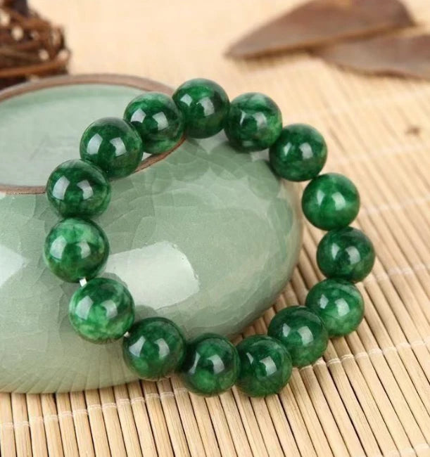 Imperial Green Jade Bead Bracelet 12mm Round Beads Full Color Unisex Jewelry 07FC0E-D4 - KOEEK