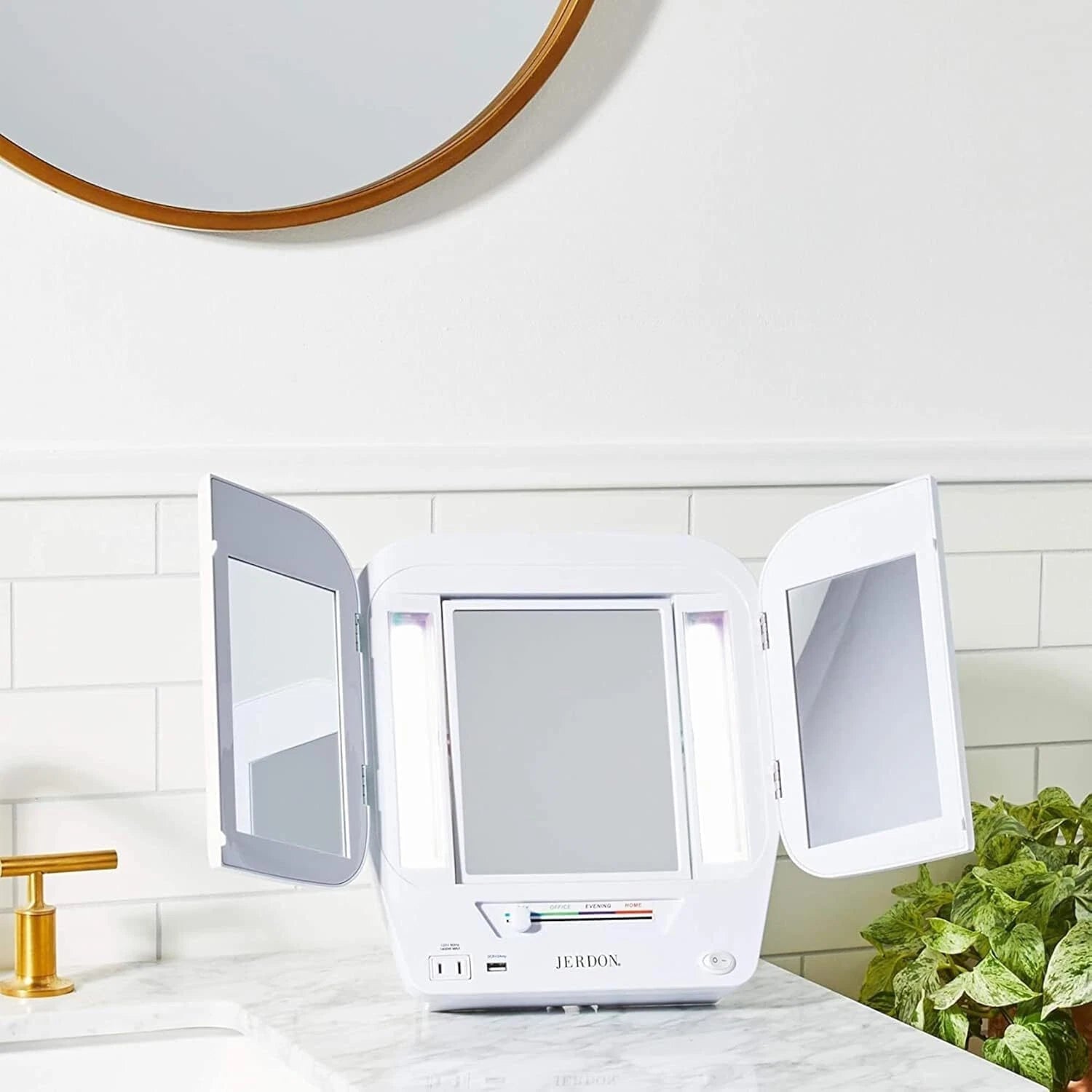 Modern Lighted Tri-Fold Makeup Mirror -with 5x Magnification and Multiple Lights 07FC0E-D4 - KOEEK