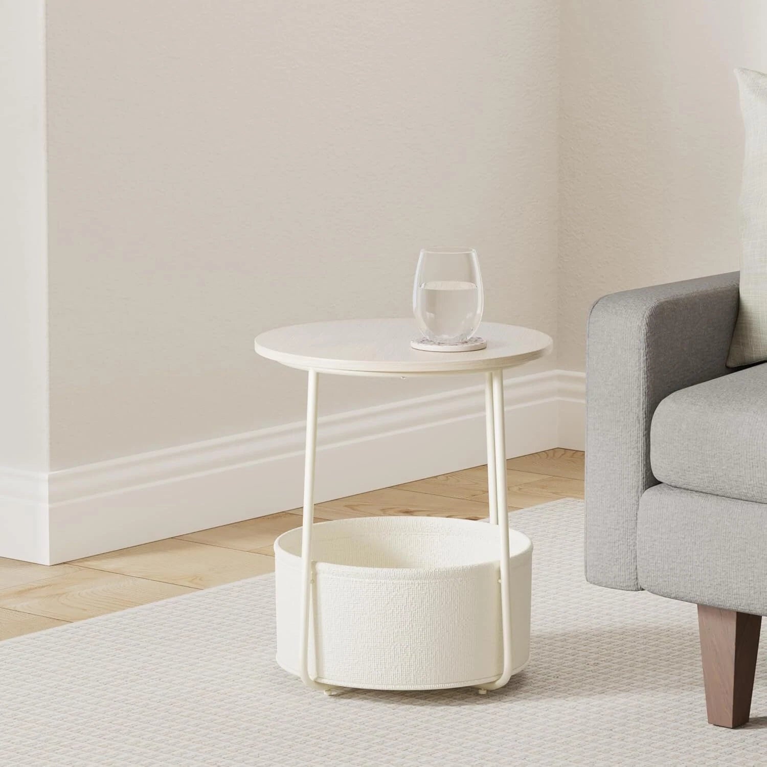 Small Nightstand with Fabric Basket, Modern Nightstand, Round Side Table 07FC0E-D4 - KOEEK