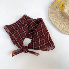 Womens Wine Red  Flax Linen Plaid Bandana Neck Wrap Neckerchief Shawl Scarf 07FC0E-D4 - KOEEK