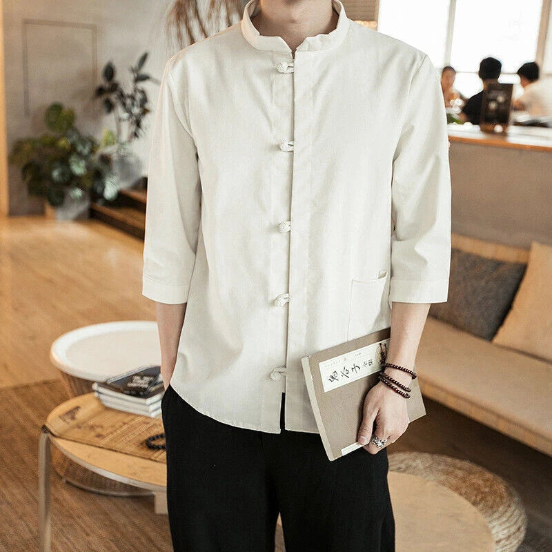 Men Vintage Kung Fu Shirts Tops 3/4 Sleeve Cotton Linen Chinese Style Tang Suit 07FC0E-D4 - KOEEK