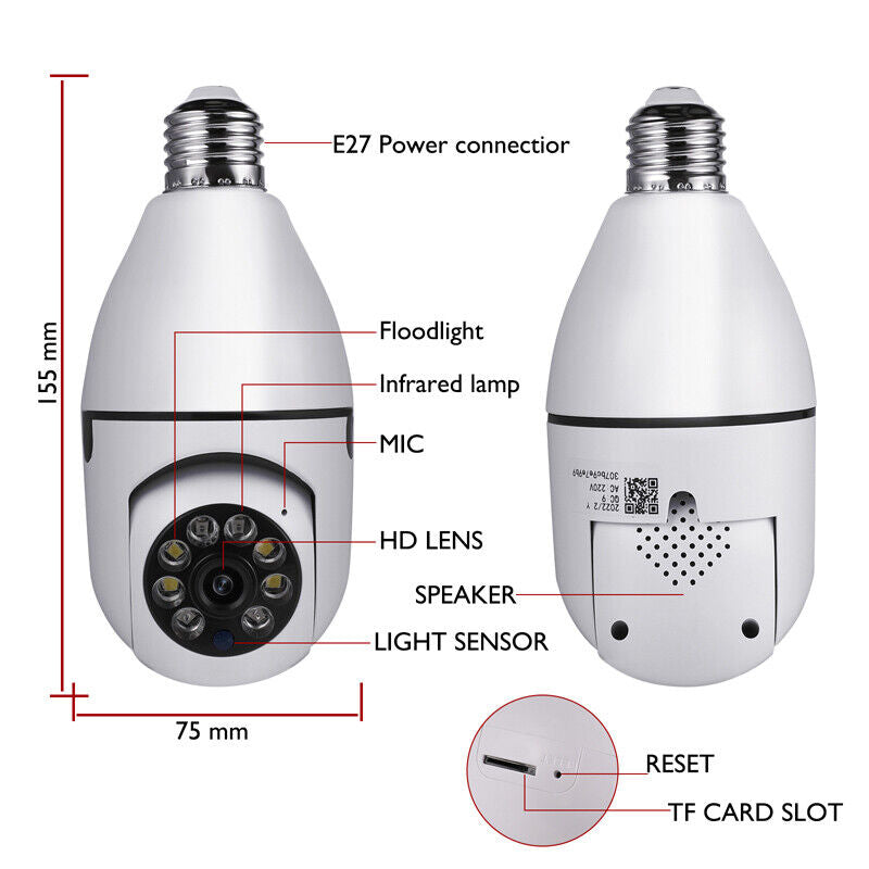 ny WiFi Bombilla Camara De Seguridad 360 Con Audio Microfono Para Casa y Exterior