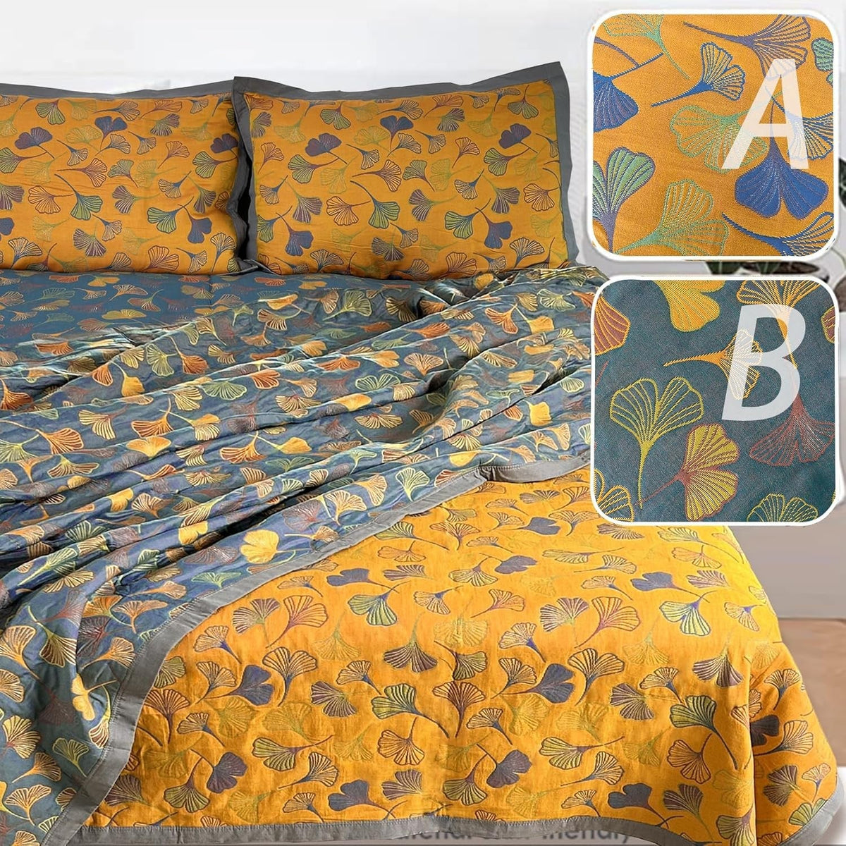 new 3 Piece Ginkgo Quilt Set with 2 Pillow Shams Queen Quilt, Orange 07FC0E-D4 - KOEEK