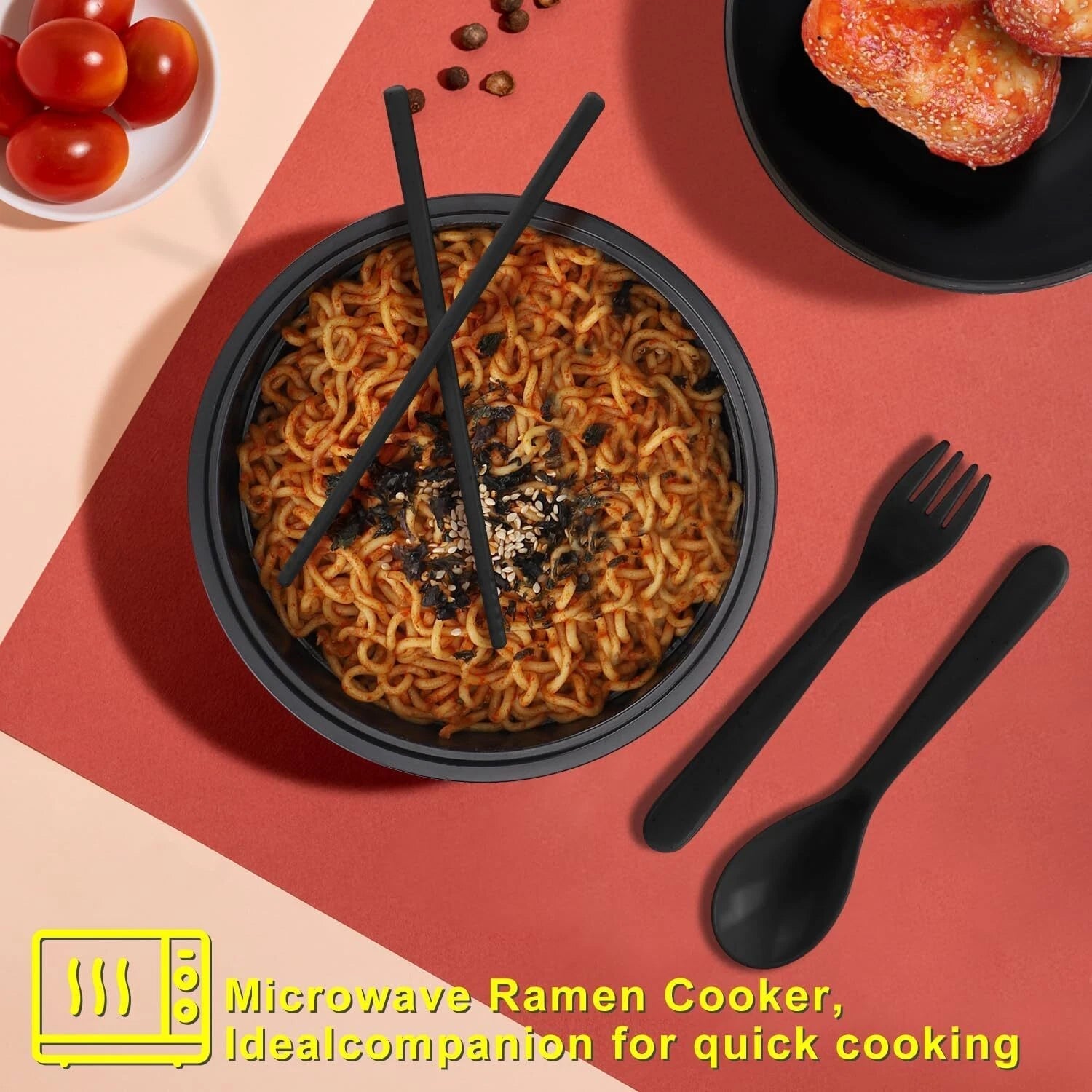 Microwave Ramen Noodle Bowl Set with Chopsticks, Spoon, Fork – 32 oz Portable 07FC0E-D4 - KOEEK