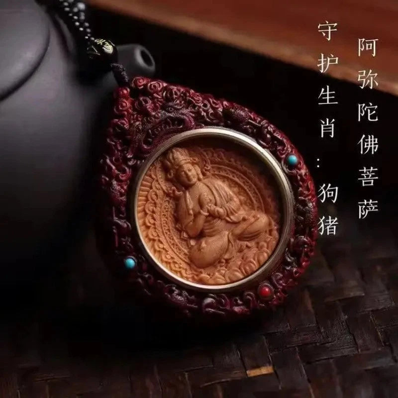 Rosewood Handcarved Twelve Zodiac Guardian God Necklace Amulet Pendant Jewelry 07FC0E-D4 - KOEEK