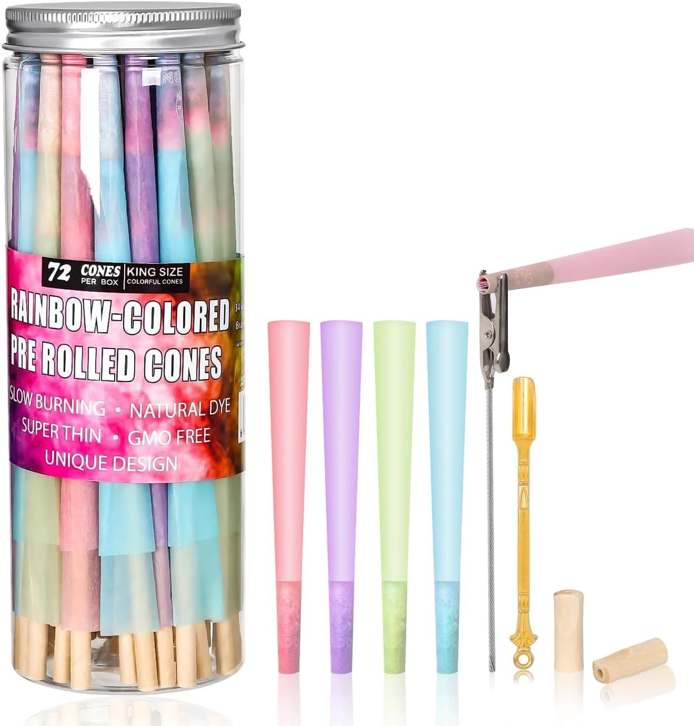 new Colorful Pre Rolled Cones -72 Pack Rainbow King Size Rolling 07FC0E-D4 - KOEEK