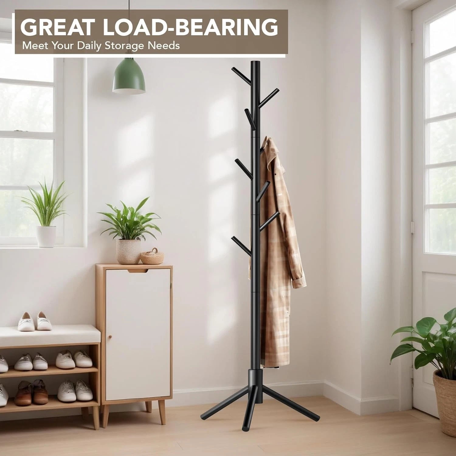 Wooden Tree Coat Rack Stand,Sturdy Freestanding Coat Rack with 8 Hooks 07FC0E-D4 - KOEEK
