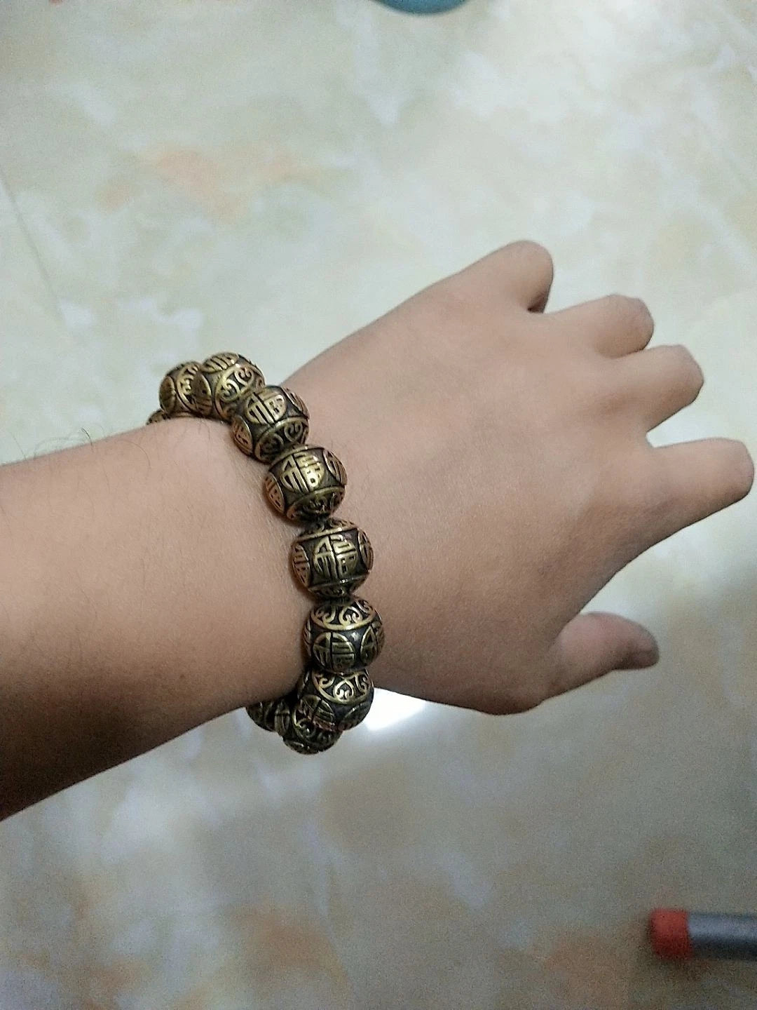 21mm Brass Vintage Fu Character Bracelet Men’s Hand Bead 07FC0E-D4 - KOEEK