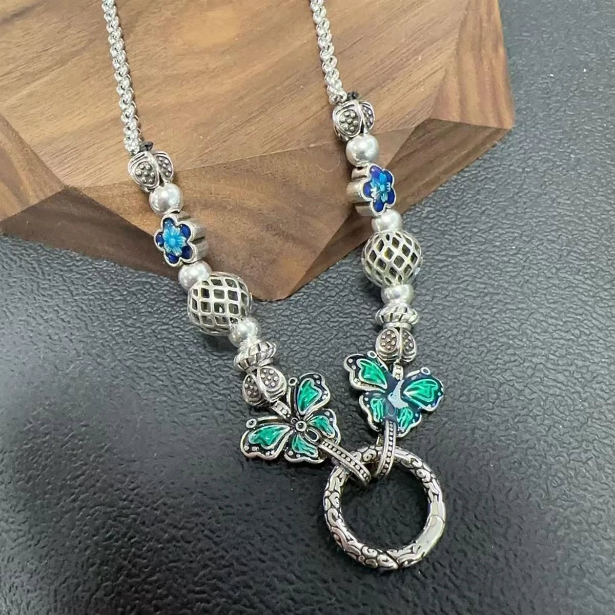 Retro Flower Butterfly Pearl Chain Necklace Pendant Compatible Women 07FC0E-D4 - KOEEK