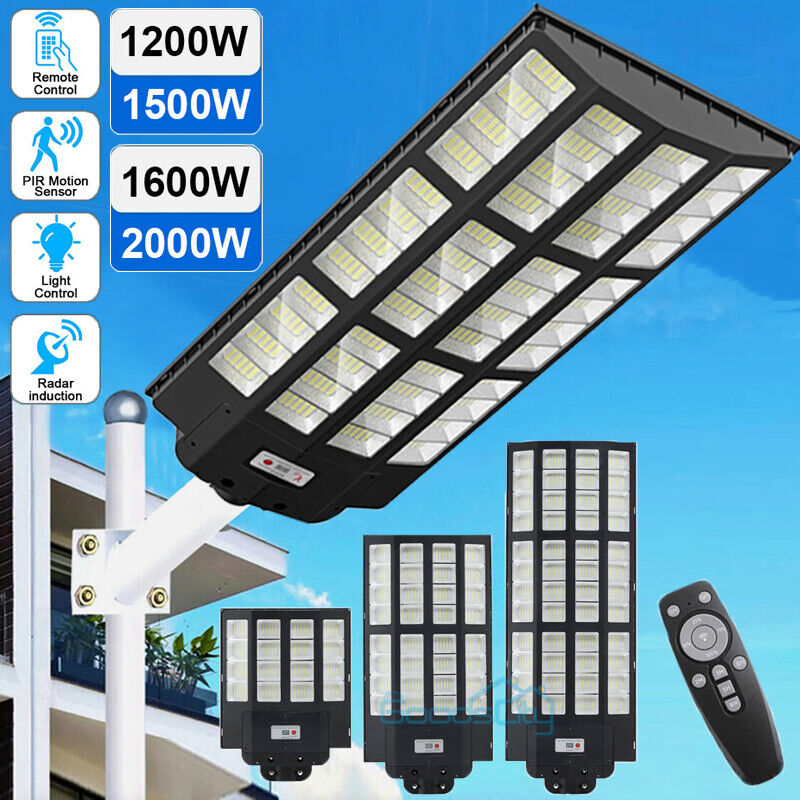 ny 2000W kommerciel Solar Street Flood Light Udendørs Dusk to Dawn vejlampe + stang