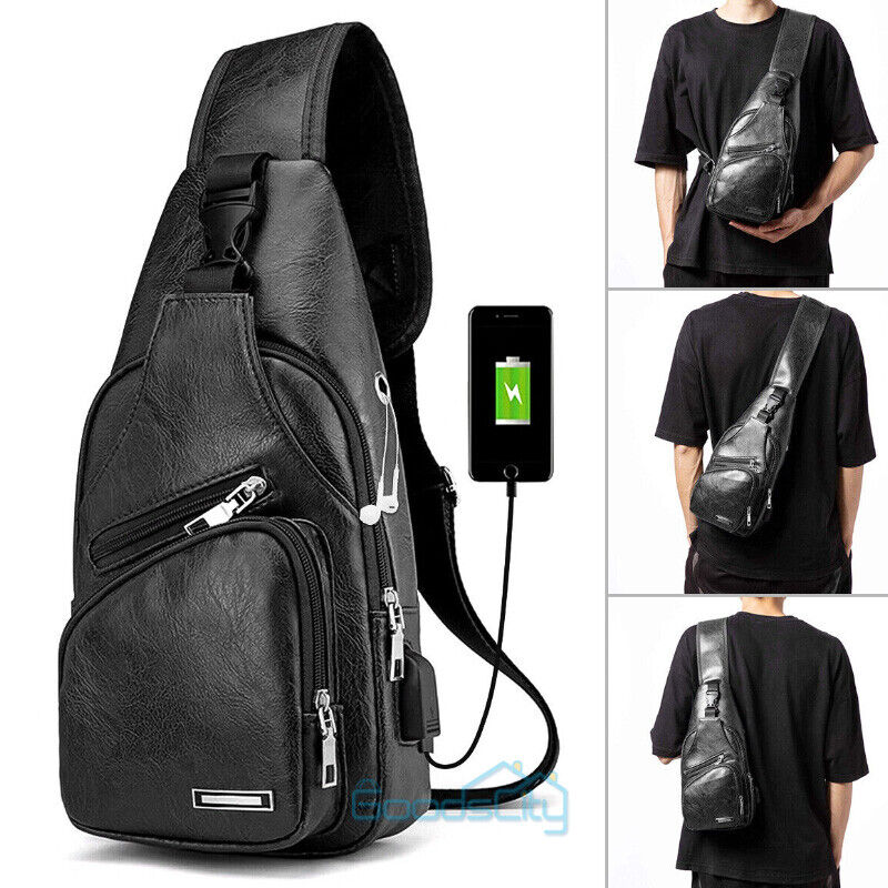 ny Mochila bandolera for hombre Bolso cruzado de cuero PU en el pecho Carga USB