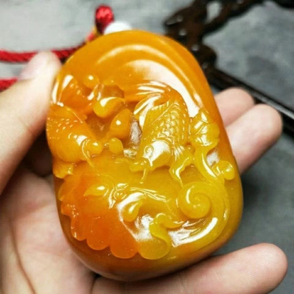 Chinese antique Huanglong jade carved goldfish swimming pendant 07FC0E-D4 - KOEEK