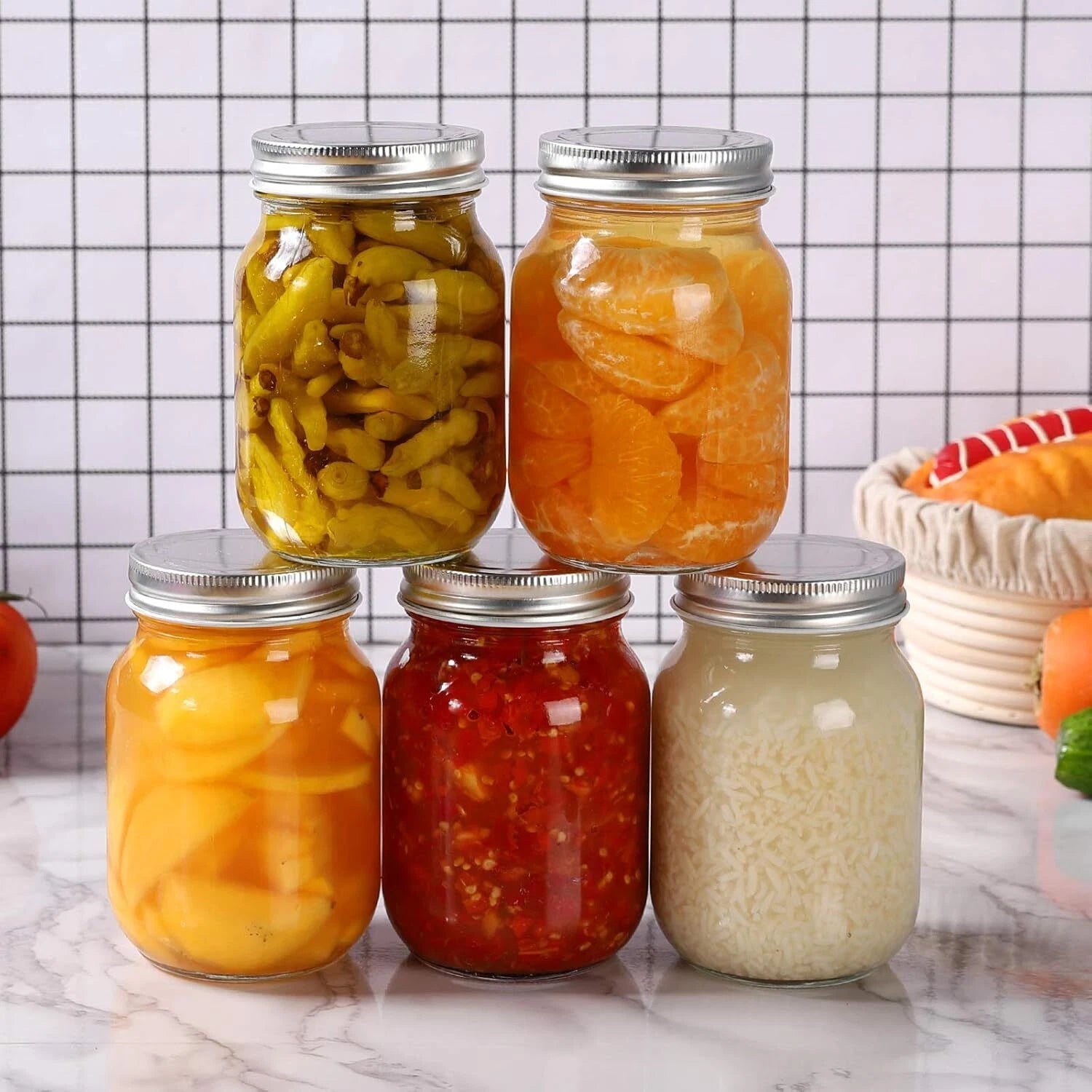 Glass Regular Mouth Mason Jars, 16 oz Clear Glass Jars with Silver Metal Lids 07FC0E-D4 - KOEEK