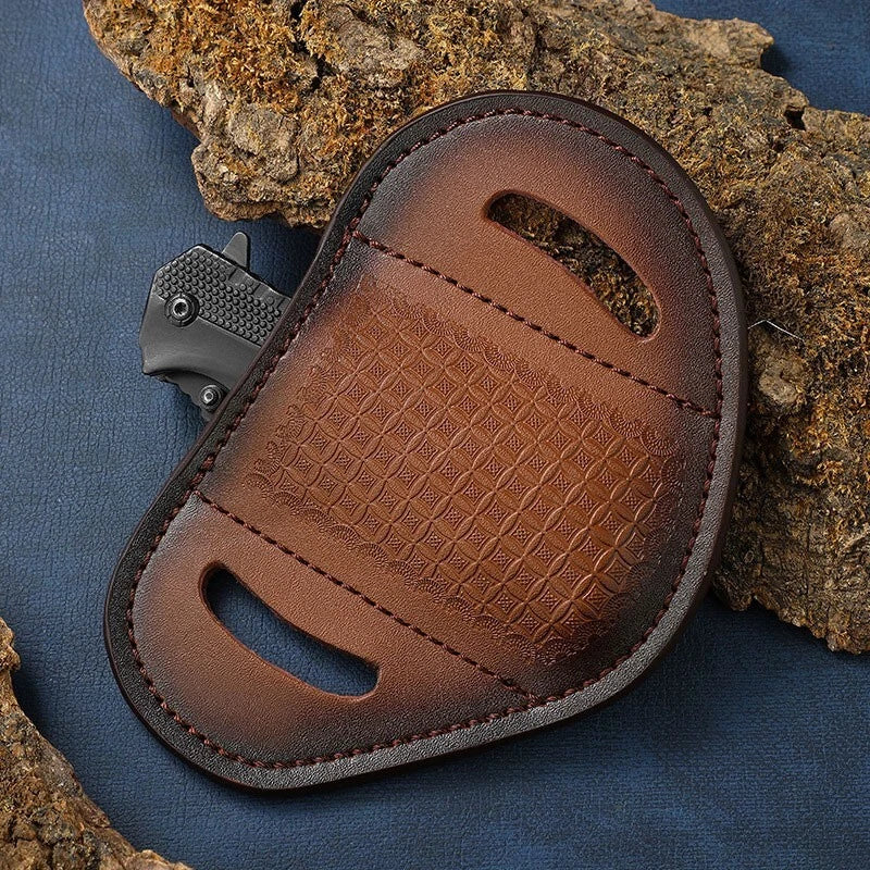 EDC Carved Cow Hand Made Leather Sheath for Folding Knife Belt Clip Cover Pouch 07FC0E-D4 - KOEEK