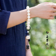 15mm Black Sandalwood Mala Handcrafted White Jade Bodhi Lotus Prayer Beads 07FC0E-D4 - KOEEK
