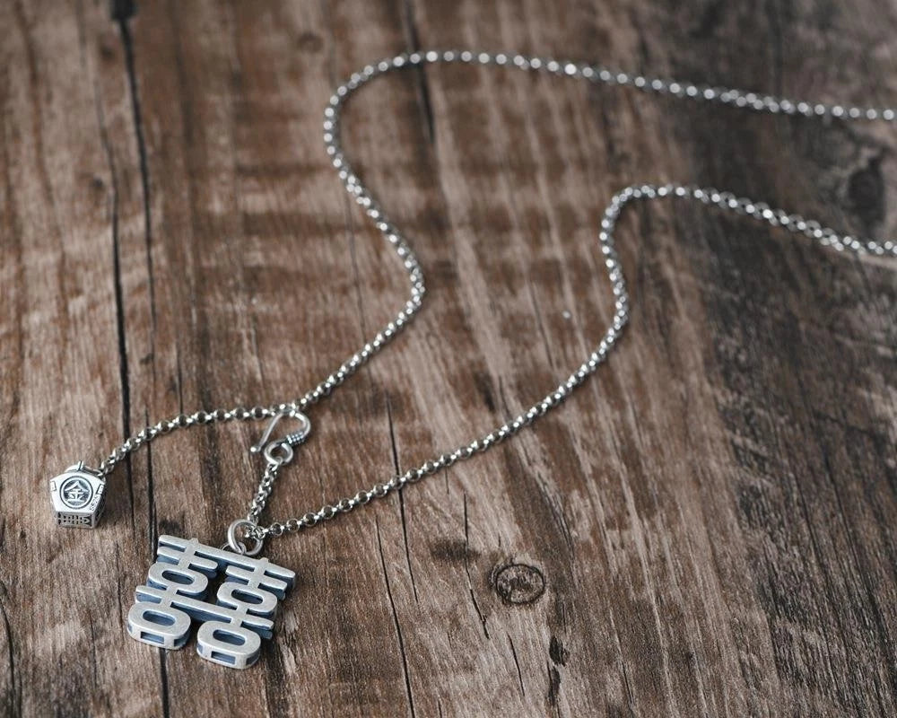 "Xi" Pendant Necklace Double Happiness Long Sweater Chain Silver Plated Vintage 07FC0E-D4 - KOEEK