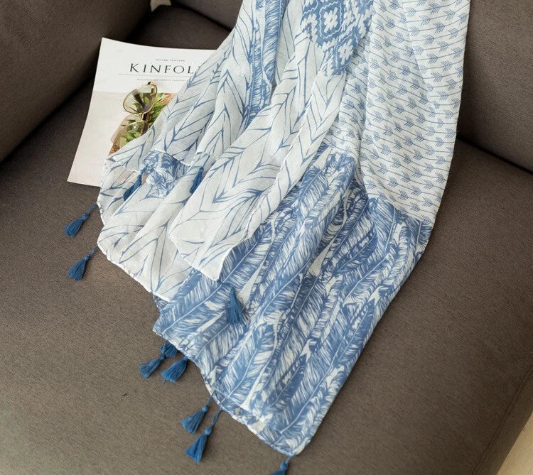 White Blue Geometric Floral Yarn Scarf Tassel Shawl Spring Pashmina Cape 07FC0E-D4 - KOEEK