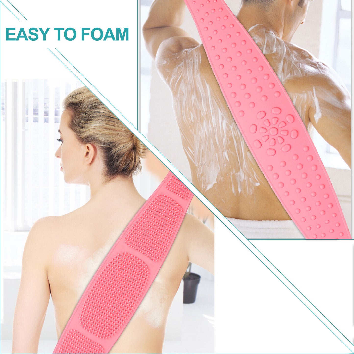 Silicone Bath Towel Rub Brush Pull Back Strip Scrubber Body Shower Exfoliating