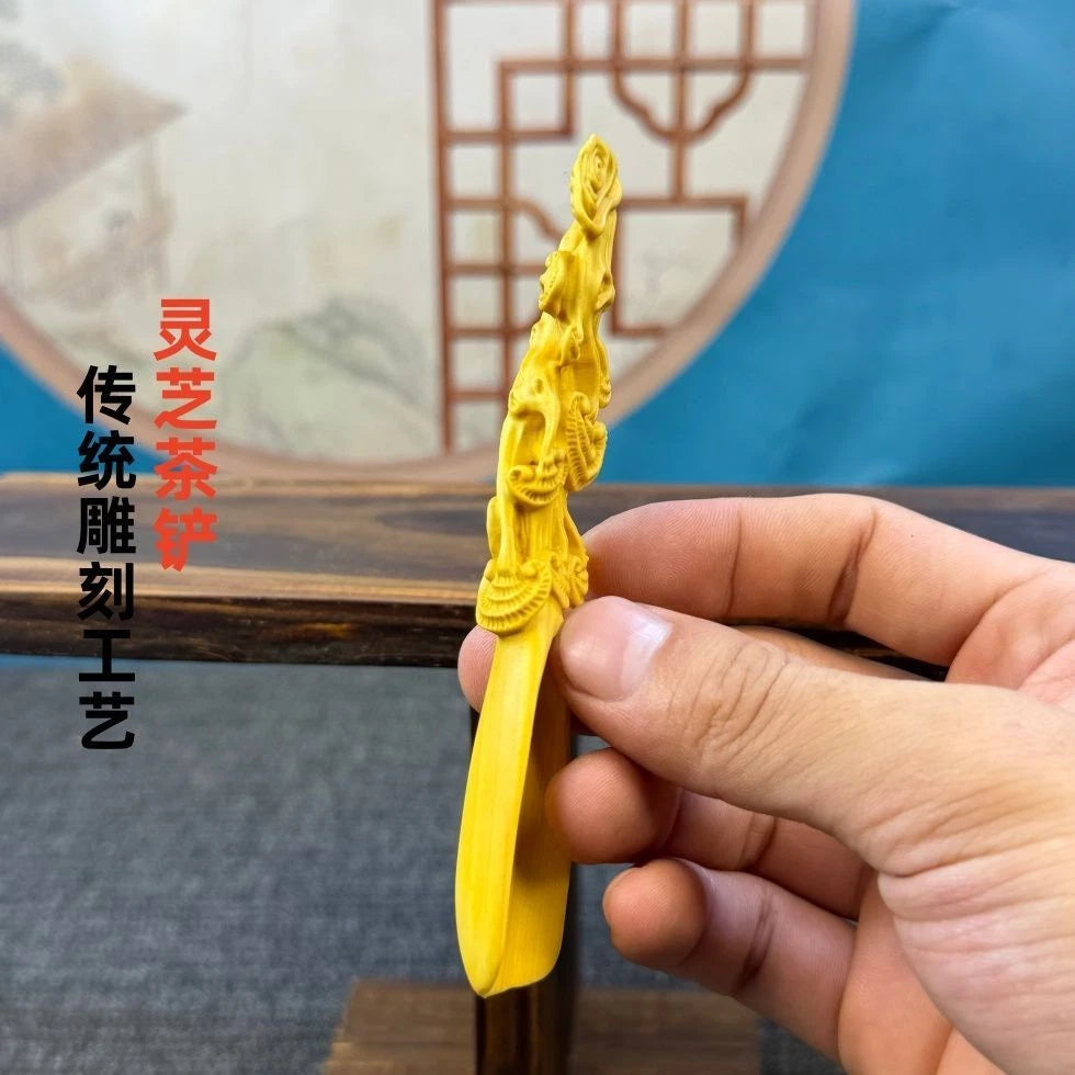Boxwood Carved Lingzhi Tea Scoop Home Décor Chinese Style Handicraft Ornament 07FC0E-D4 - KOEEK