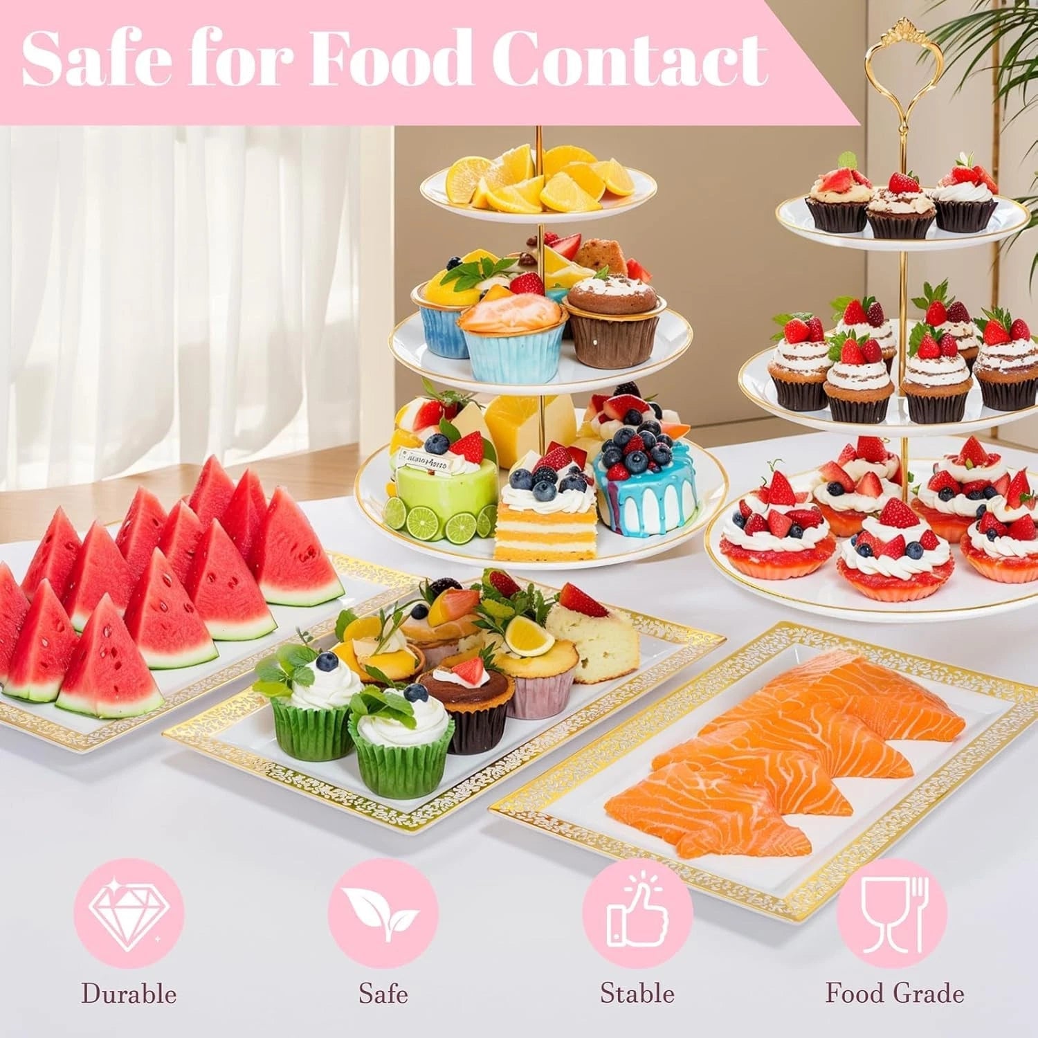 3 Tier Cupcake Stands, Plastic Trays,Cake Platters Includes 6 pcs Pastry Trays 07FC0E-D4 - KOEEK