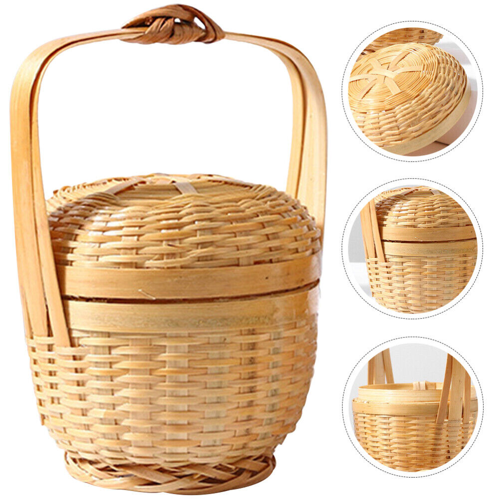 ny Bamboo Mini Basket Desktop Oppbevaring Vevde Kurver for med Lokk Portable