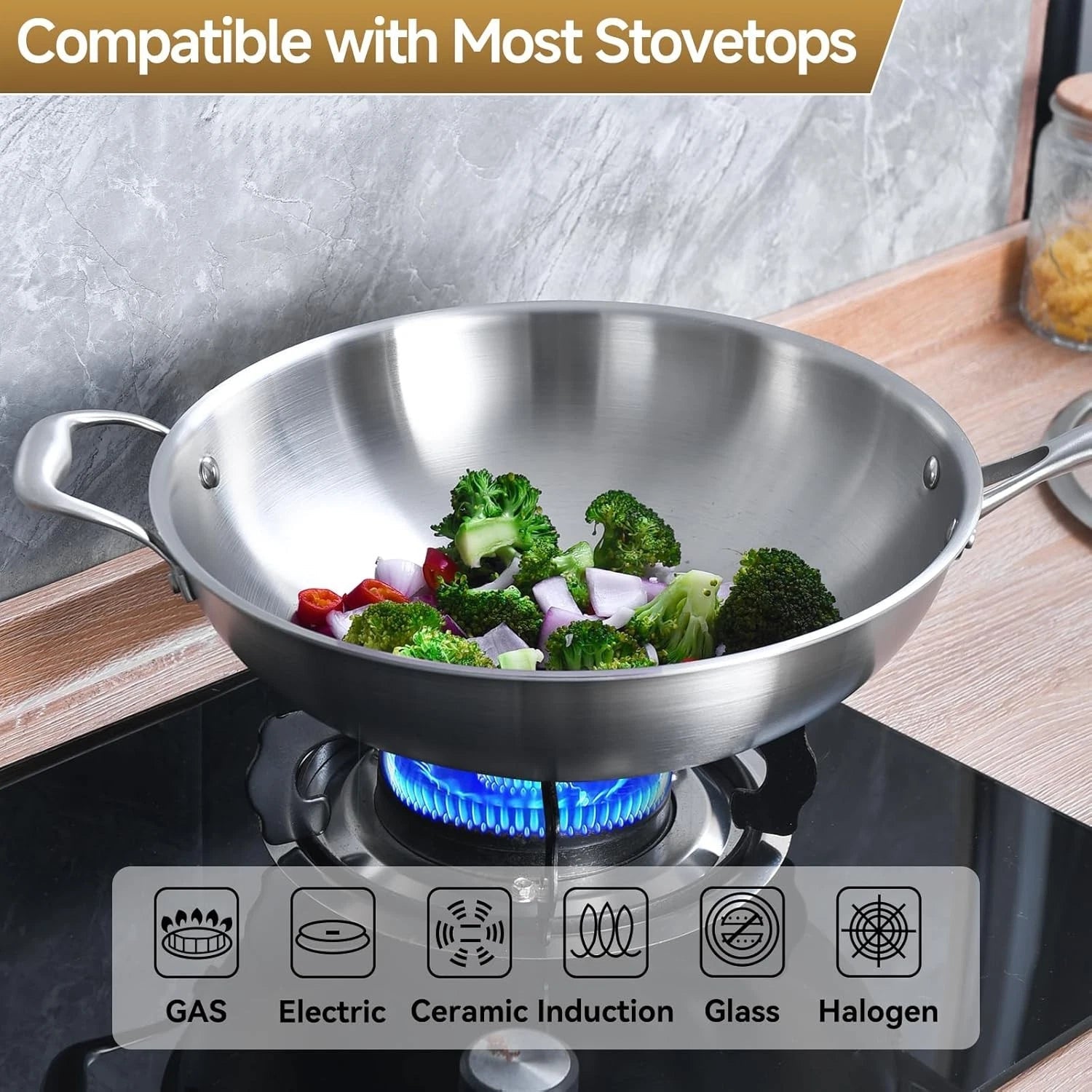 13''Stainless Steel Wok Pan with Lid, Stir-Frying Pan,Induction Cooking Pan 07FC0E-D4 - KOEEK