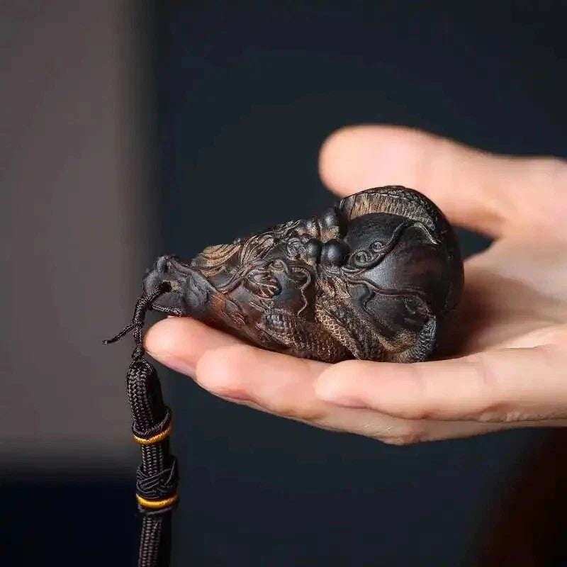 7cm Agarwood Good Luck Fortune Xianglong Gourd Handmade Engraving Pendant Statue 07FC0E-D4 - KOEEK