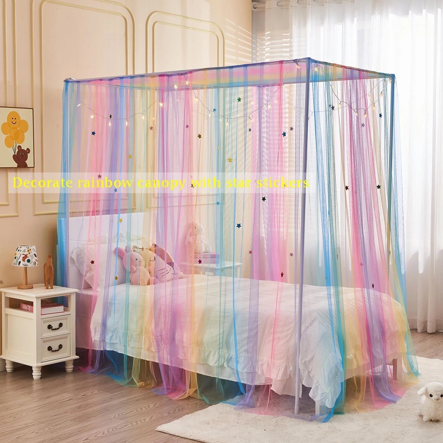 Rainbow Bed Canopy for Girls Kids with Light, 4 Corner Post Princess Canopy Bed 07FC0E-D4 - KOEEK