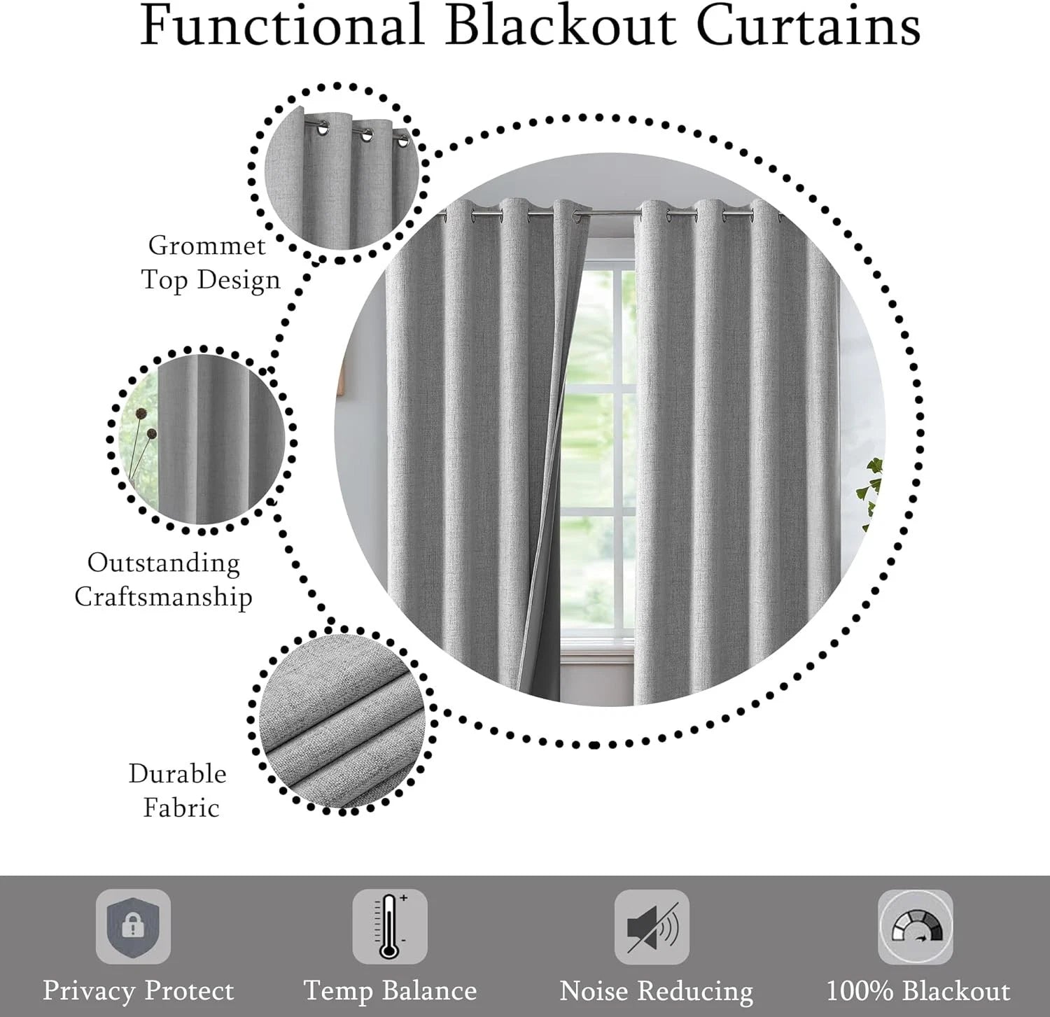 Total Blackout Bedroom Window Curtains Linen Textured Blackout, 2 Panels，Grey 07FC0E-D4 - KOEEK