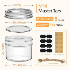 Mini Mason Jars 4oz - 8 Pack, Regular Mouth Mason Jar with Lids and Seal Bands 07FC0E-D4 - KOEEK