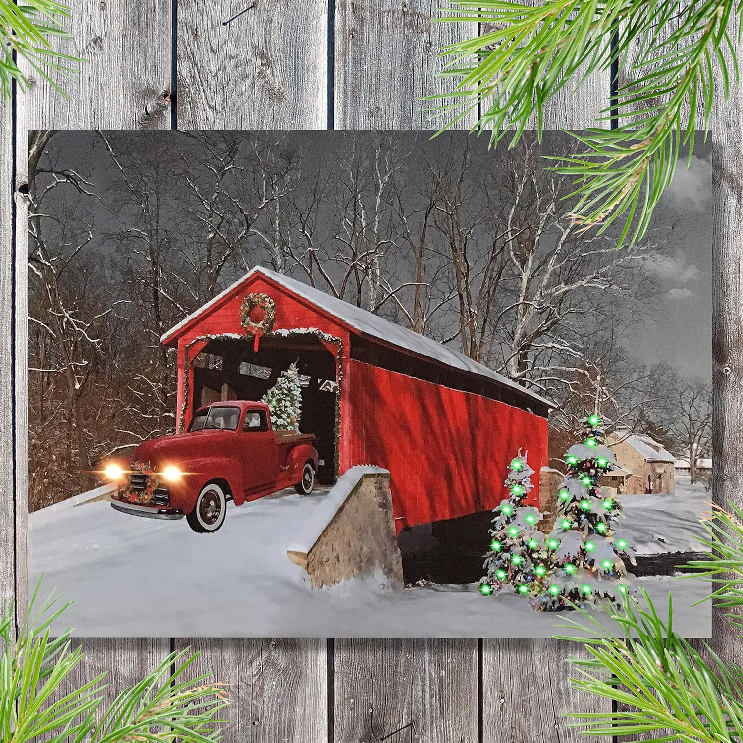 LED Wall Art - Lighted Red Truck Covered Bridge Canvas Print - Christmas Picture 07FC0E-D4 - KOEEK