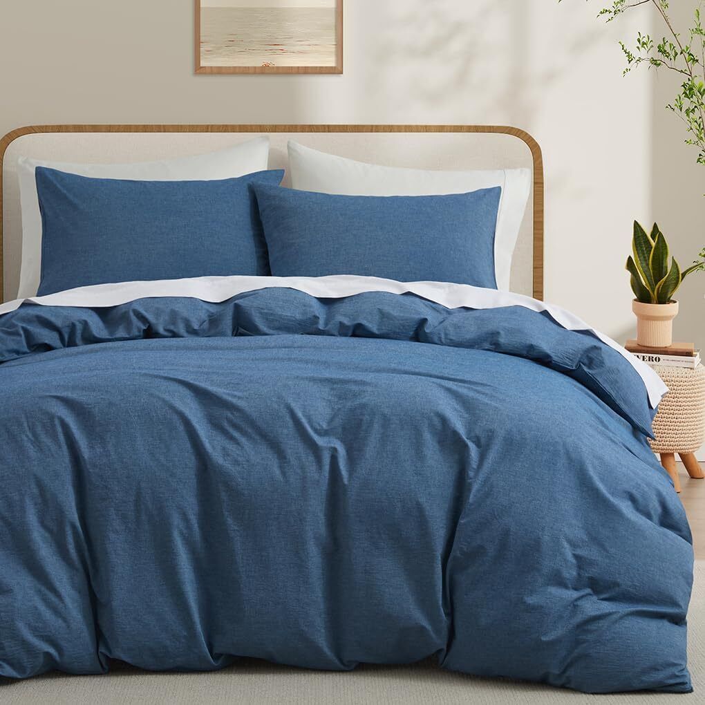 new LOVQUE  Washed Cotton Duvet Cover Queen Size, Denim Blue Queen,