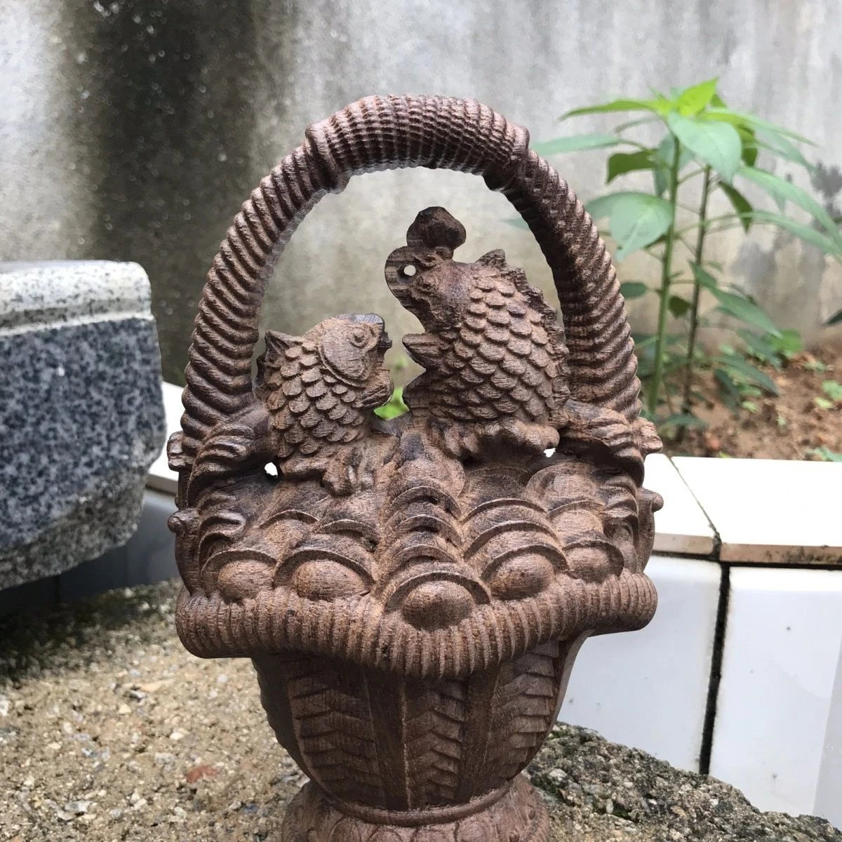 Vietnam Agarwood Flower Basket Figurine 18cm Wood Carving Feng Shui Decor Gift 07FC0E-D4 - KOEEK