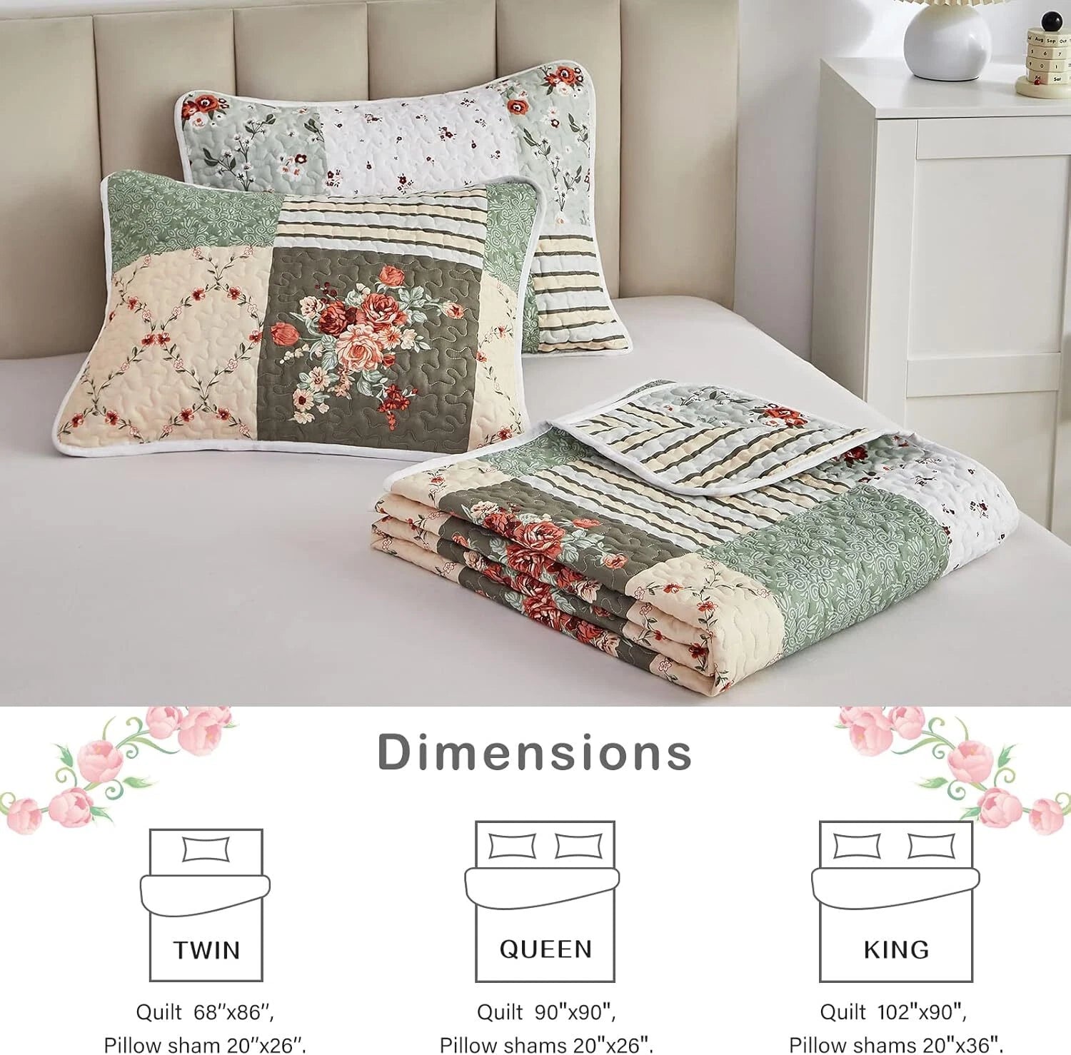 Patchwork Quilt Set Queen Size, 3 Pieces Green Floral Plaid Summer Coverlet Set 07FC0E-D4 - KOEEK
