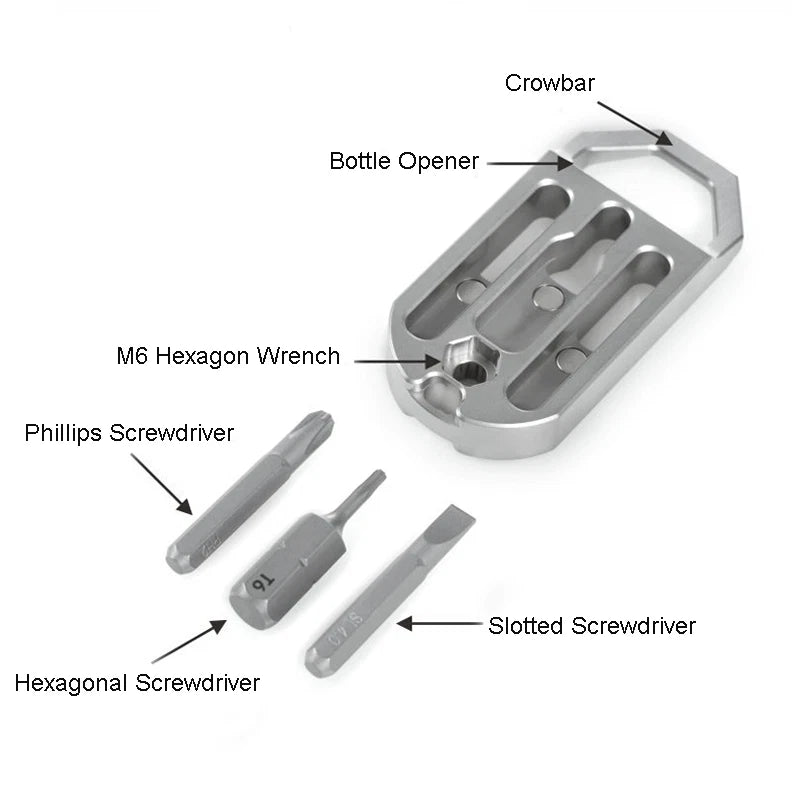 EDC Titanium Multi Tools Bottle Opener Crowbar Pocket with Bit Holder Keychain 07FC0E-D4 - KOEEK