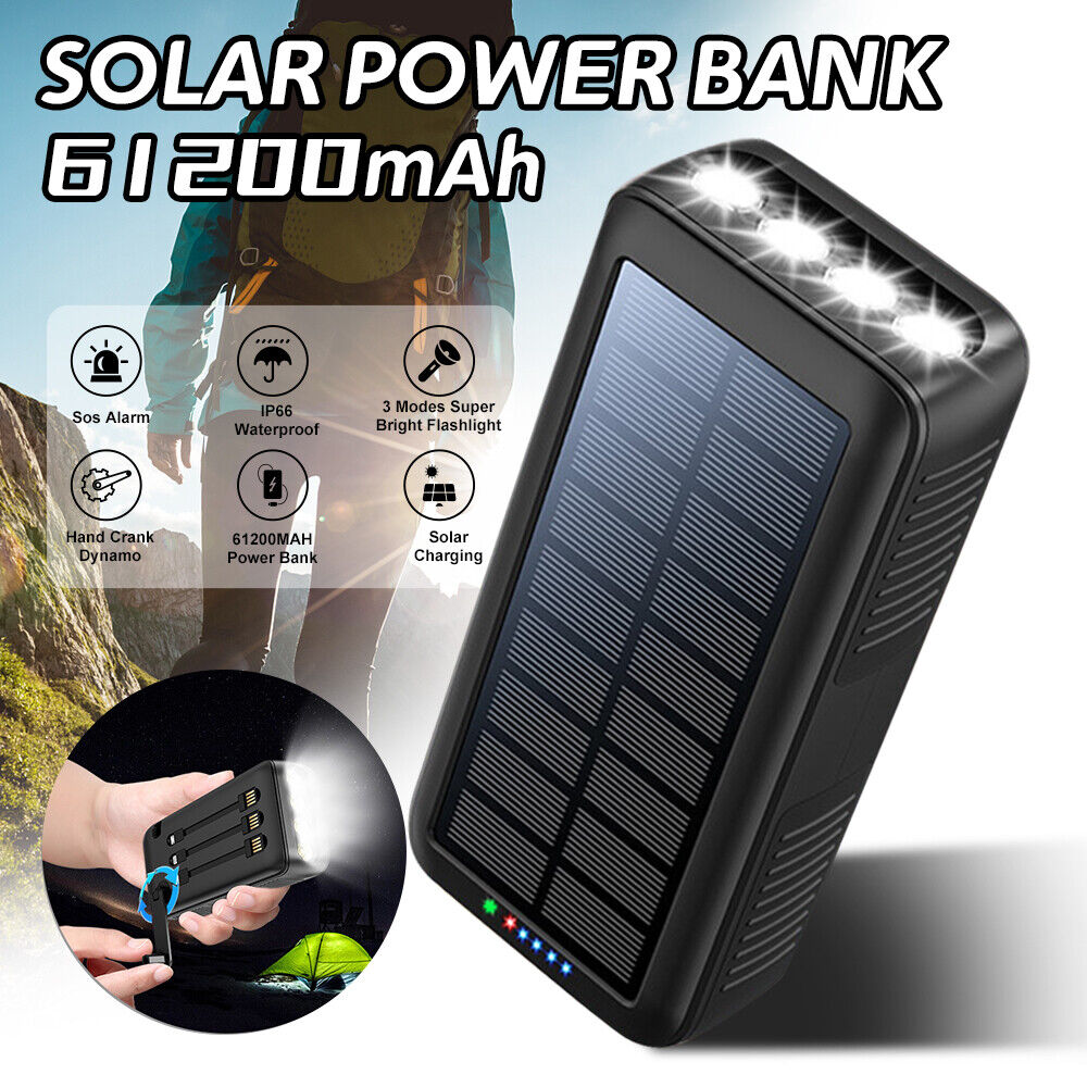 ny 61200mAh håndsveiv Solar Power Bank Telefonlader Eksternt batteri LED-lys US