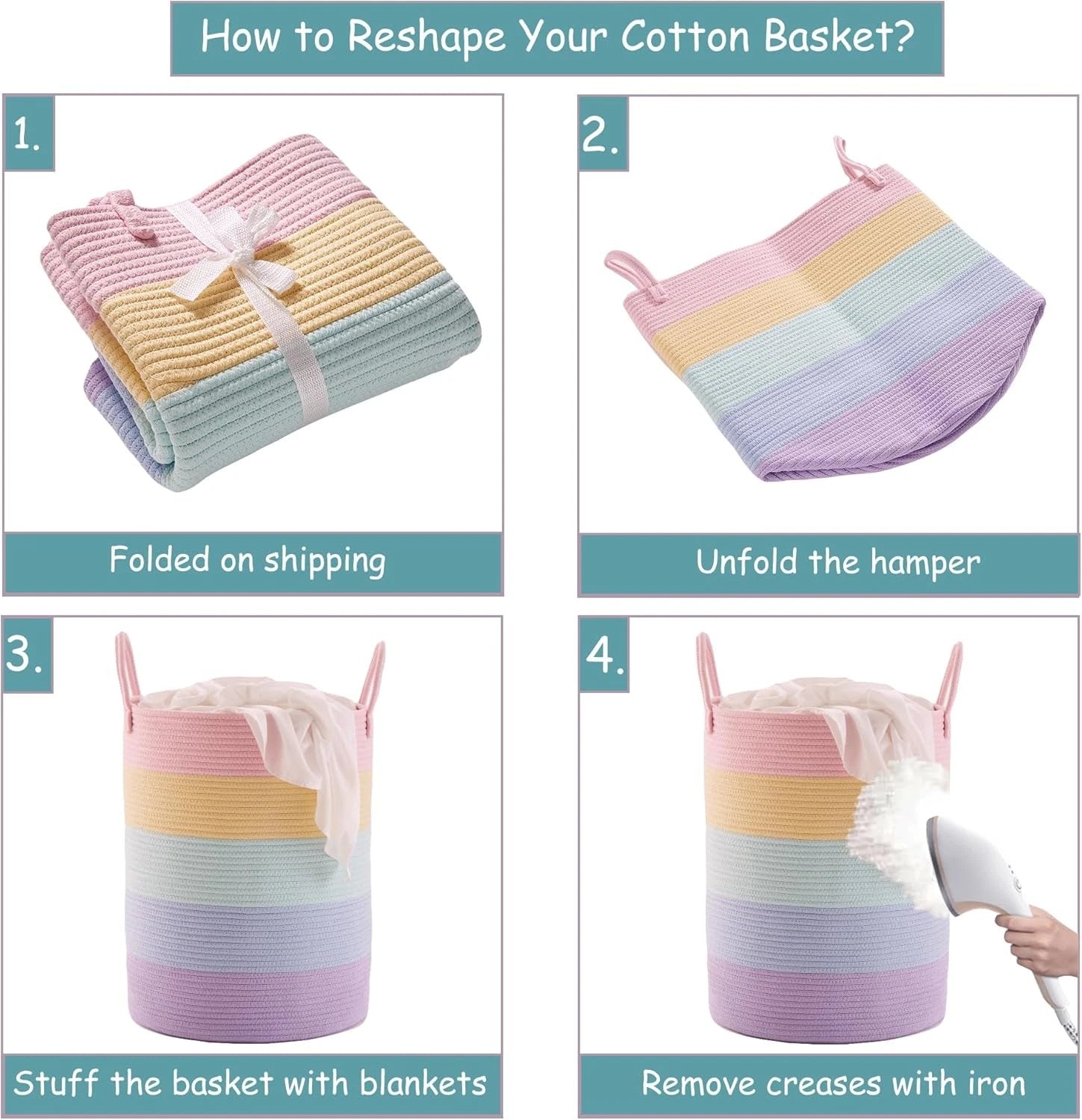 80L Extra Large Rainbow Baby Girls Hamper Laundry Basket for Kids Nursery Pastel 07FC0E-D4 - KOEEK