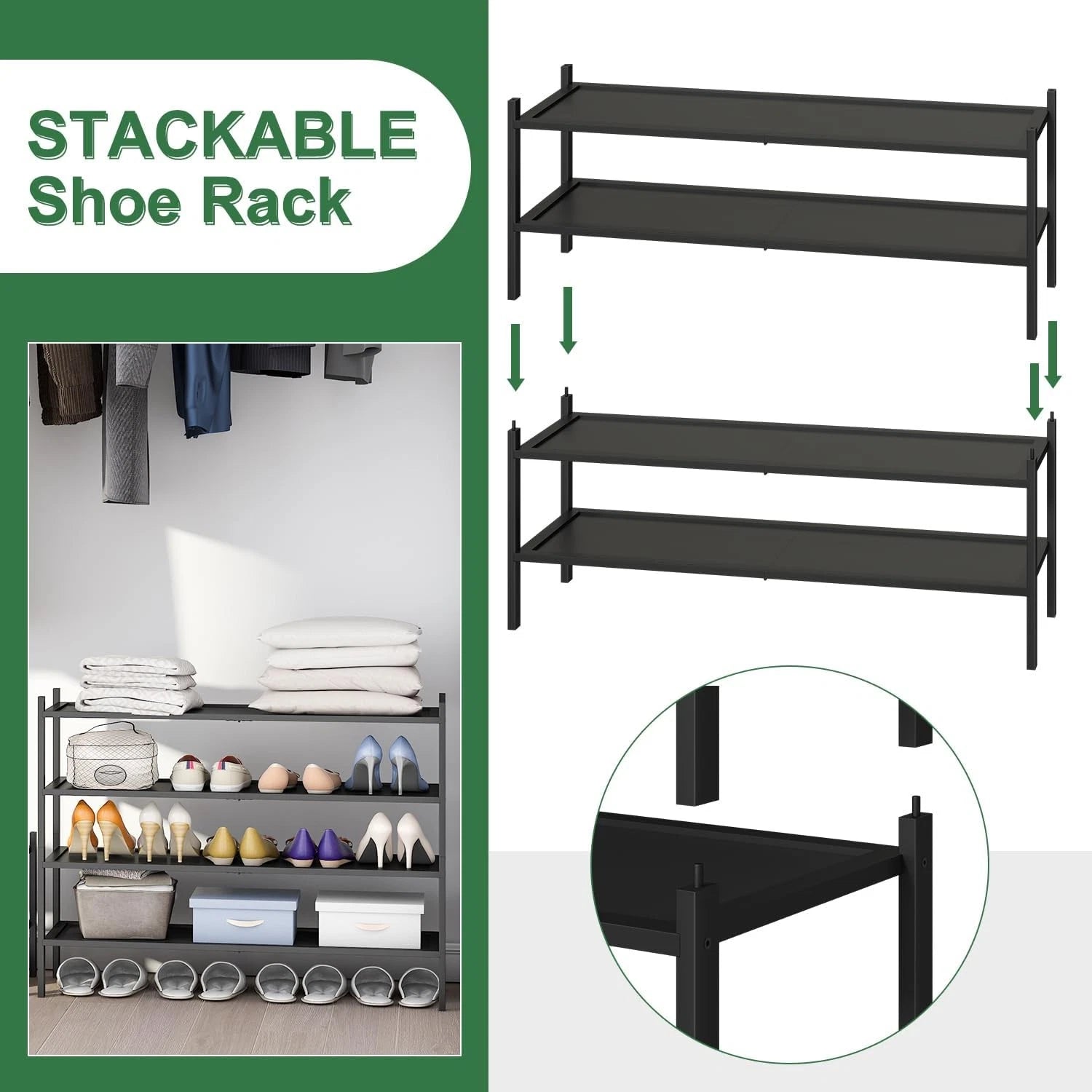 Black 2-Tier Long Stackable Bamboo Wood Shoe Rack for Closet, Entryway & Hallway 07FC0E-D4 - KOEEK