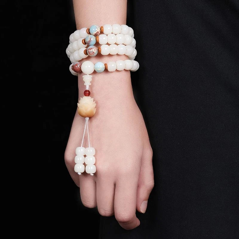 White Jade Bodhi Root 108 Bodhi Beads Rosary Beads Buddha Beads Bracelet 07FC0E-D4 - KOEEK
