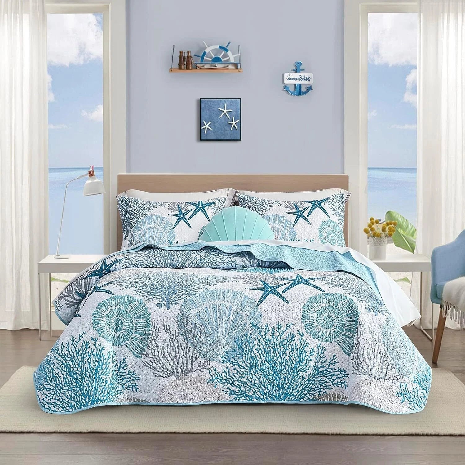 3 Piece Coastal Quilt Sets King Size - Reversible Microfiber Quilts with 2 Shams 07FC0E-D4 - KOEEK