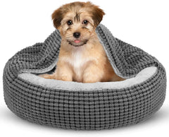 Small Dog Bed with Attached Blanket, Cozy Donut Cuddler Anti-Anxiety 07FC0E-D4 - KOEEK