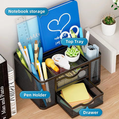 Mesh Desk Organizer, Pen Organizer with 2 Drawer, Multi-Functional Pencil Holder 07FC0E-D4 - KOEEK