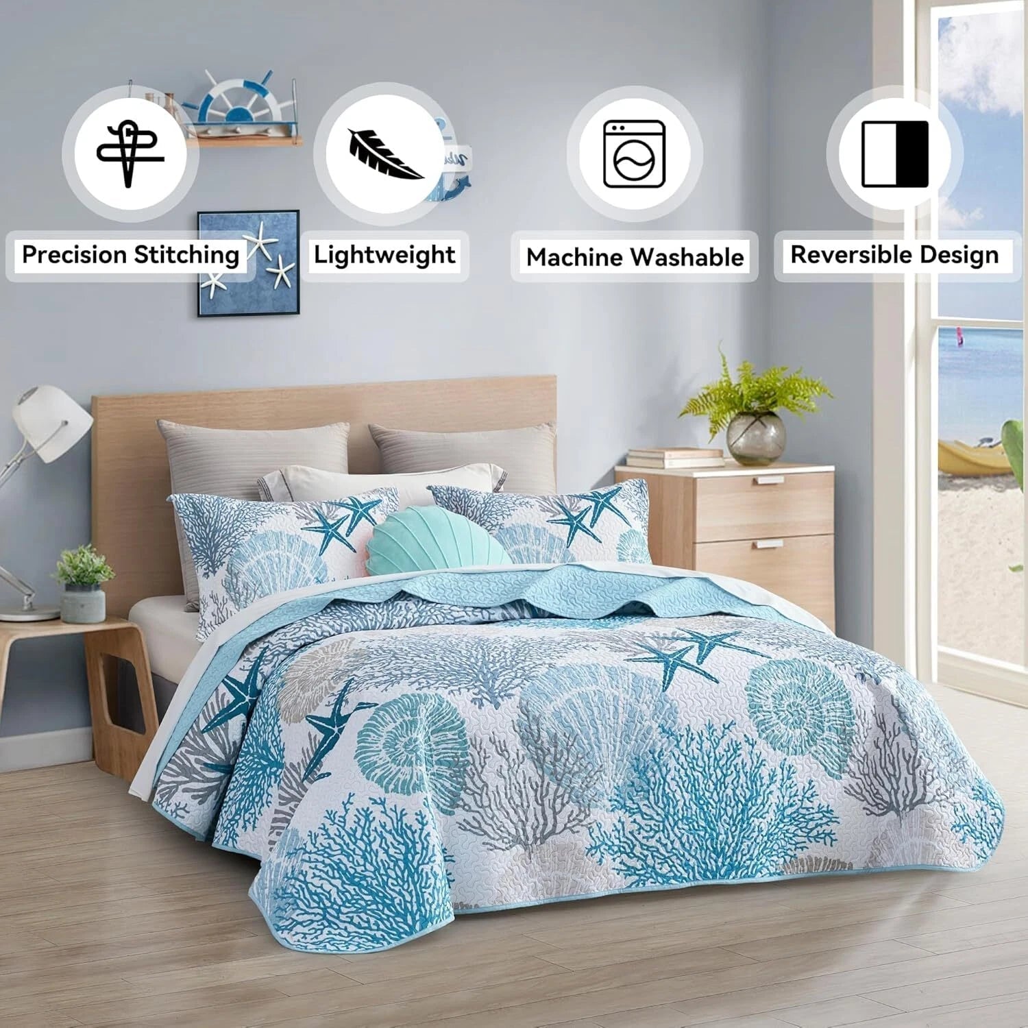 3 Piece Coastal Quilt Sets King Size - Reversible Microfiber Quilts with 2 Shams 07FC0E-D4 - KOEEK