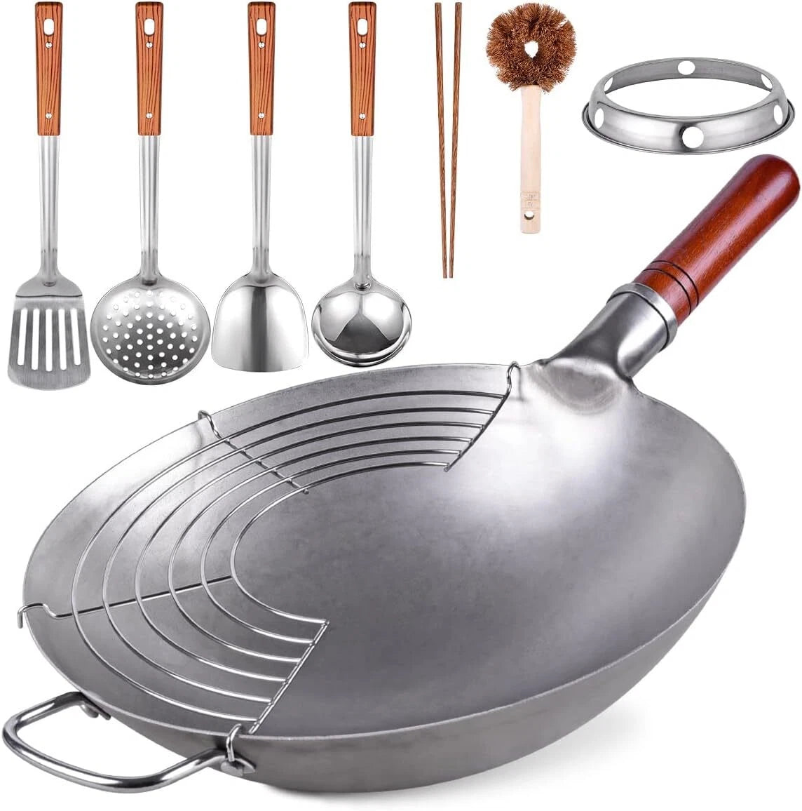 Carbon Steel Frying Pan Traditional Handmade - Chinese Frying Pan Set 07FC0E-D4 - KOEEK