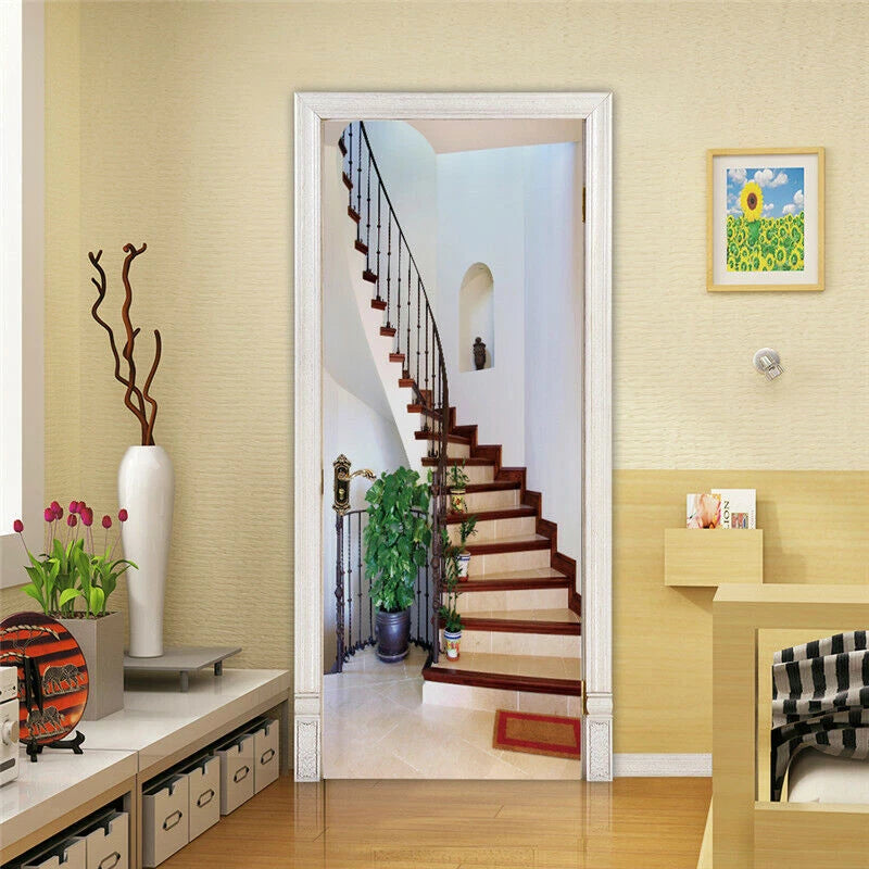 3D Wooden Stairs Self-adhesive Door Mural Door Wall Decals Wallpaper Stickers 07FC0E-D4 - KOEEK
