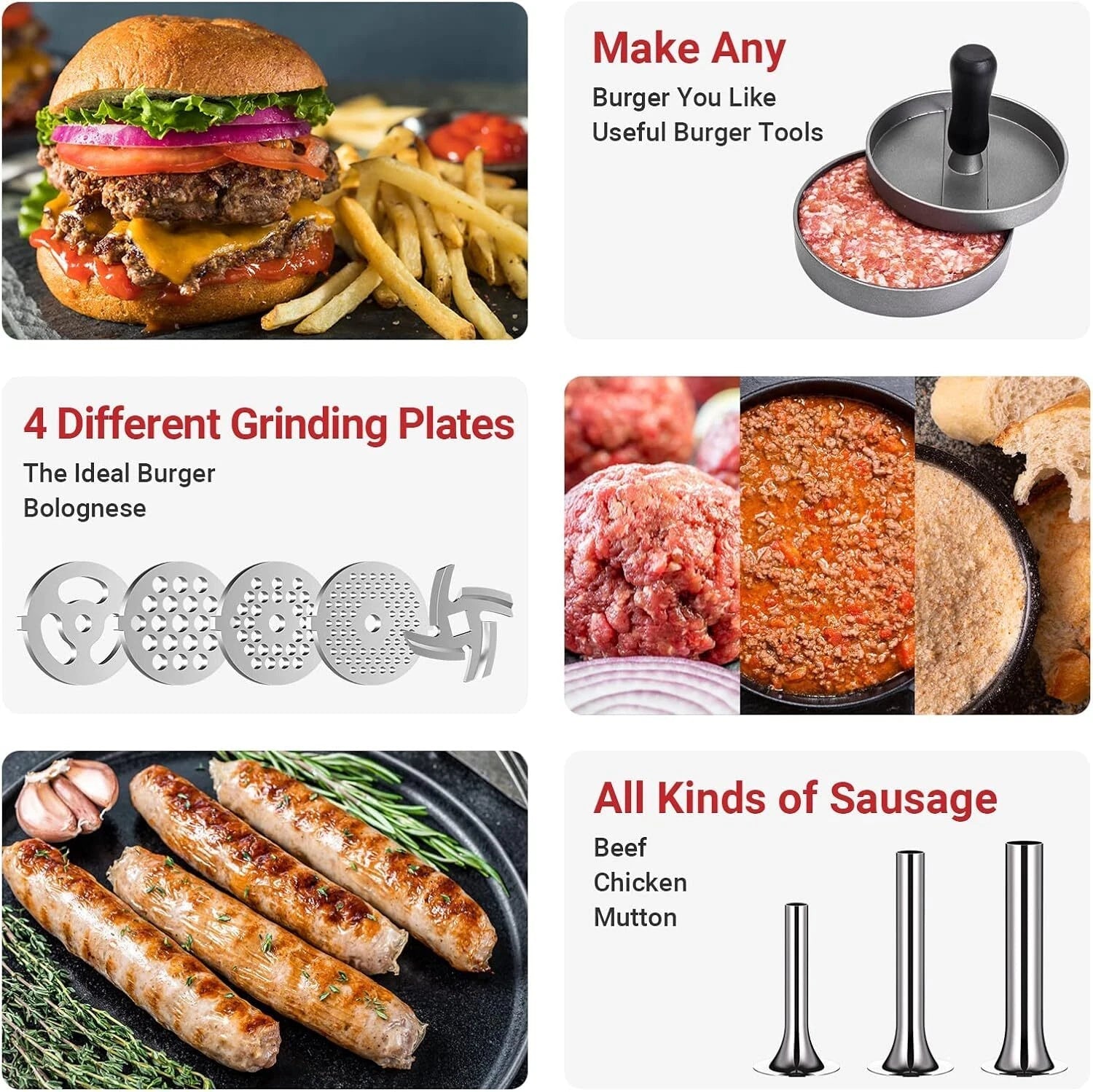 Meat Grinder, Sausage Stopper, 3 Sausage Stopper Attachments, Kitchen Grinder 07FC0E-D4 - KOEEK